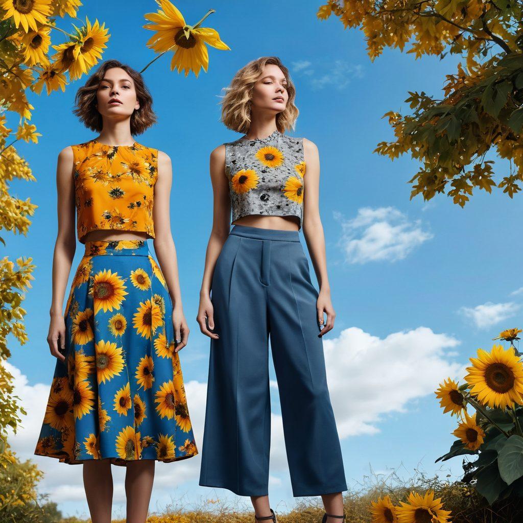 A split image featuring two stylish two-piece clothing designs; on one side, a bright and joyful summer outfit symbolizing happiness with sunflowers and a blue sky, and on the other side, a darker, more somber ensemble draped on a mannequin in an autumn setting with falling leaves and a grey sky. The contrast between the vibrant and muted colors conveys the theme of shifting emotions and storytelling through fashion. surrealistic. vibrant colors. high detail.