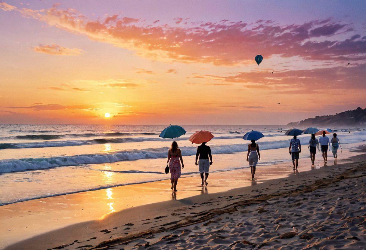A serene beach scene at sunset, with gentle waves lapping against the shore. In the foreground, a diverse group of people wear trendy beachwear, embodying different styles and emotions reflecting summer melancholy. Surround them with soft, warm colors and whimsical beach accessories like sun hats and umbrellas. Add a subtle hint of nostalgia in the air, perhaps with drifting balloons or a lone beach umbrella. watercolor, vibrant colors, dreamy ambiance.